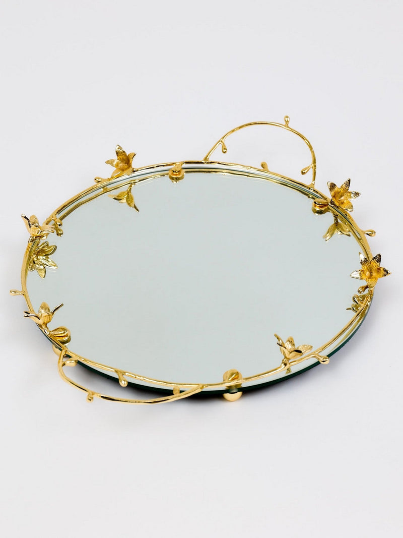 Round Mirrored Tray with Gold Flower Design
