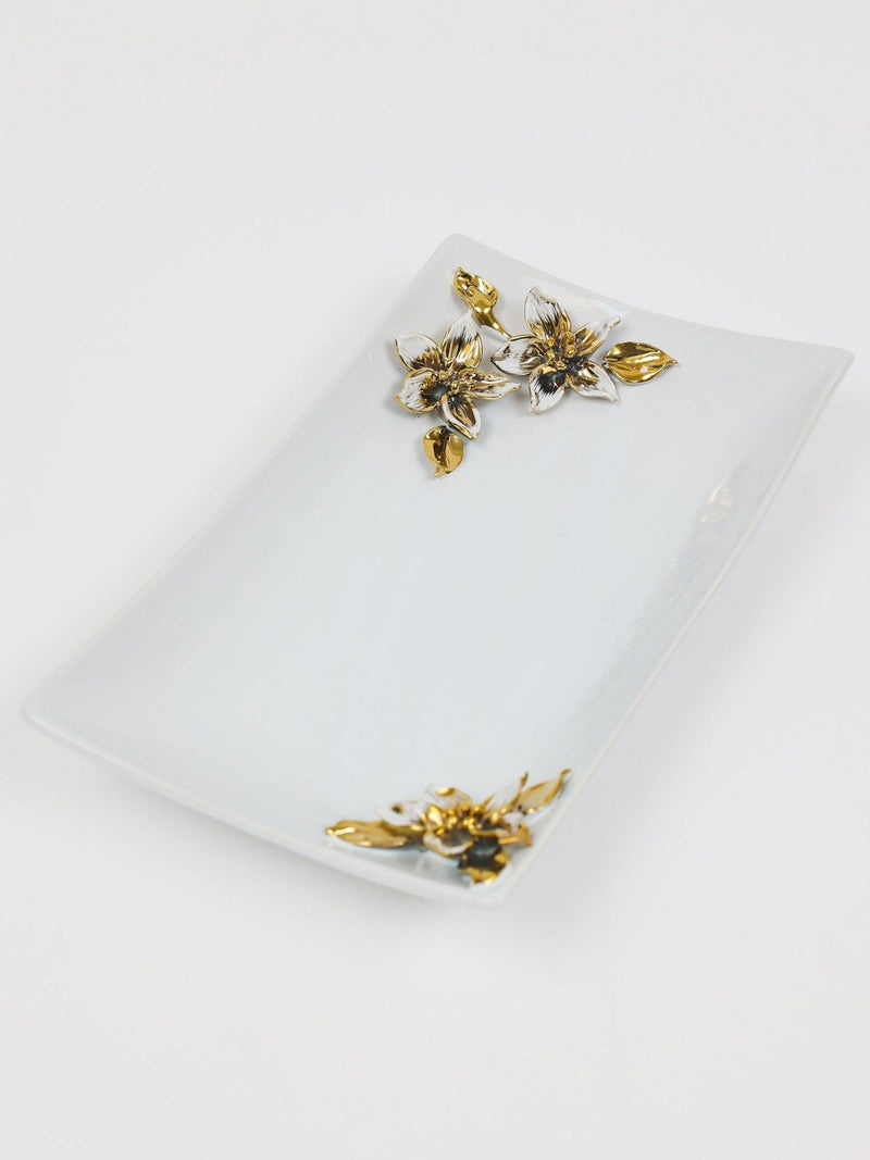 White Ceramic Tray with Stunning Gold Floral Design