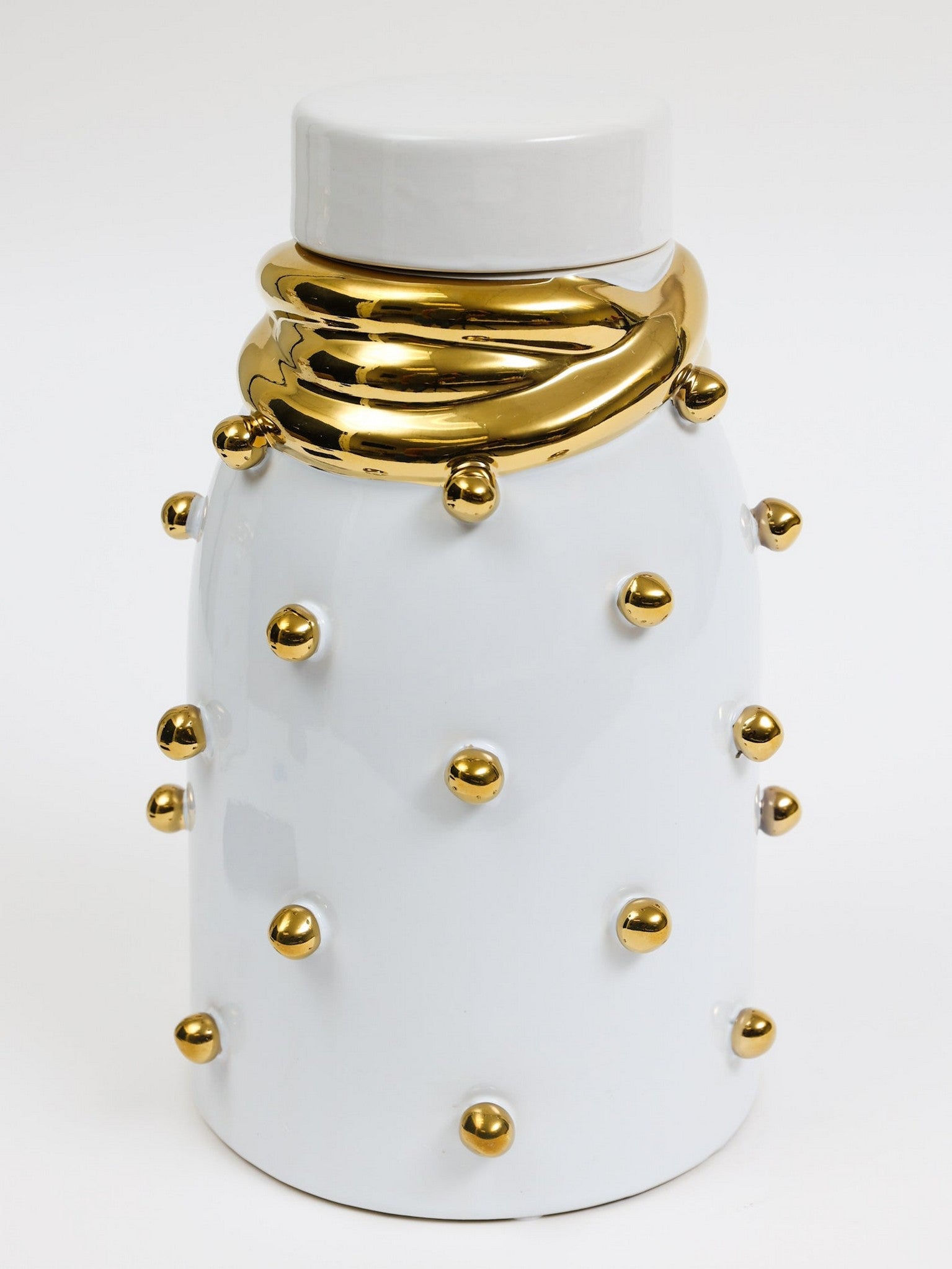 White Ceramic Gold Studded Lidded Jar with Elegant Gold Details (3 Sizes)