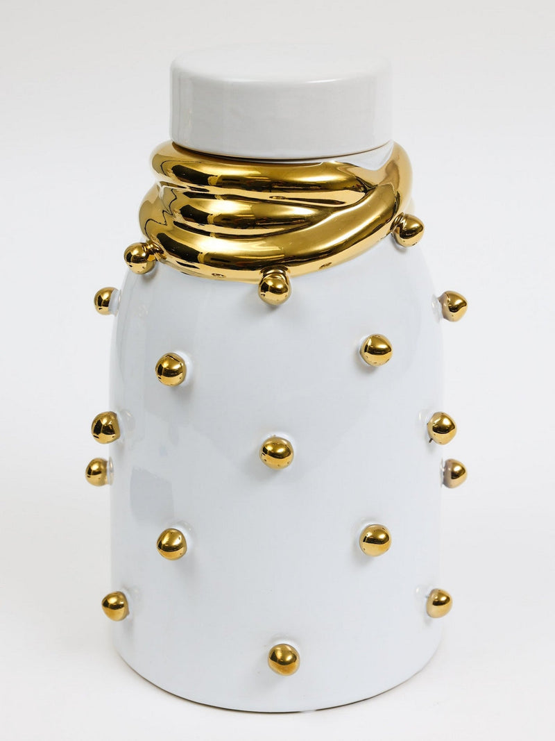 White Ceramic Gold Studded Lidded Jar with Elegant Gold Details (3 Sizes)