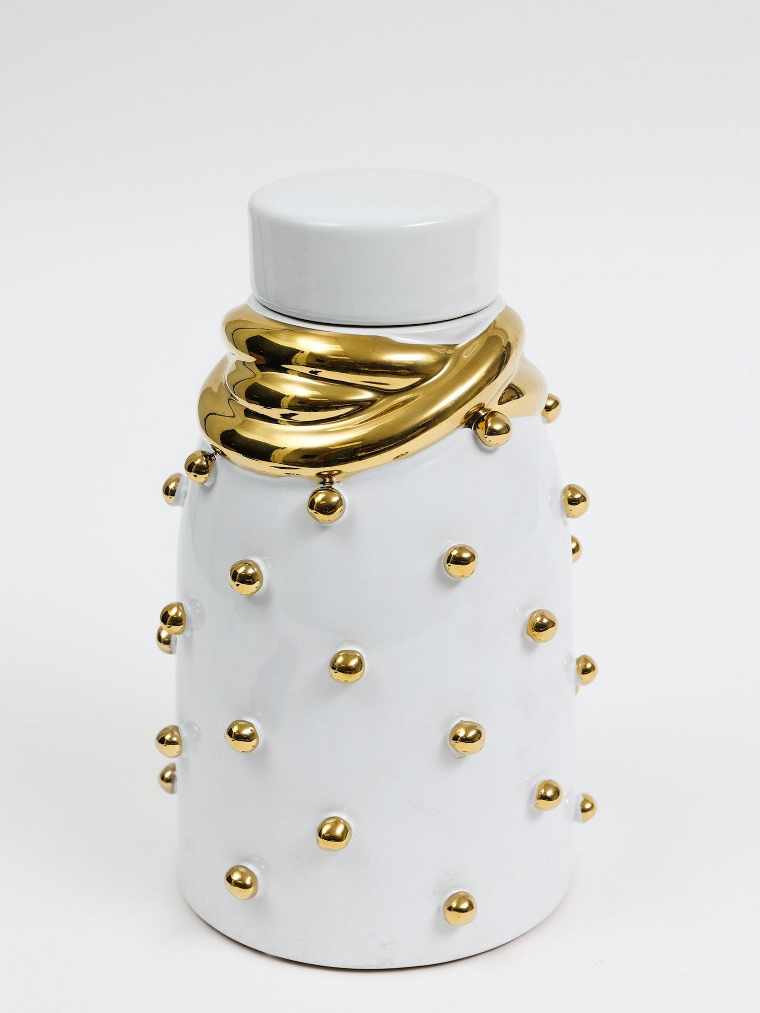 White Ceramic Gold Studded Lidded Jar with Elegant Gold Details (3 Sizes)