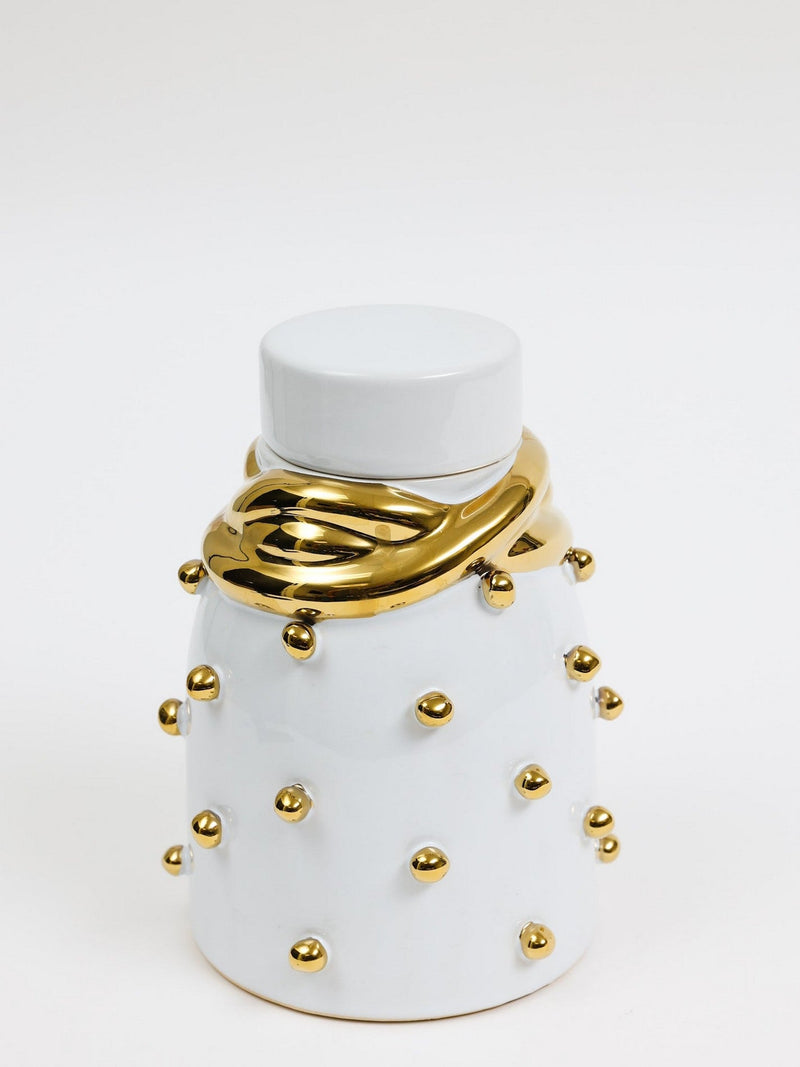 White Ceramic Gold Studded Lidded Jar with Elegant Gold Details (3 Sizes)
