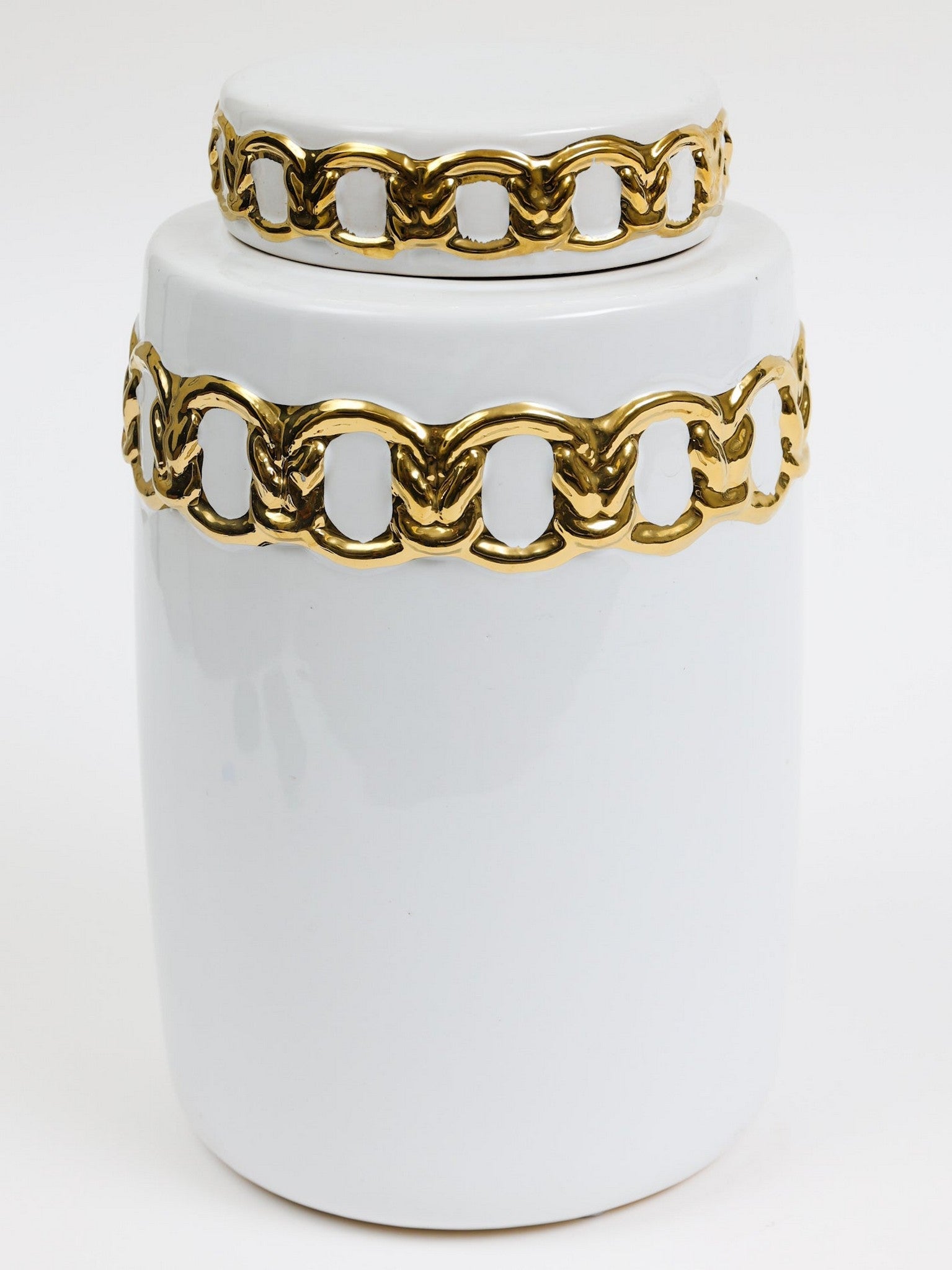 White Ceramic Lidded Jar with Stunning Gold Chain Details (3 Sizes)