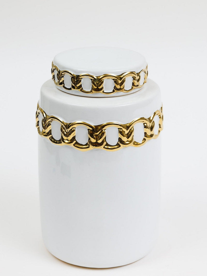 White Ceramic Lidded Jar with Stunning Gold Chain Details (3 Sizes)