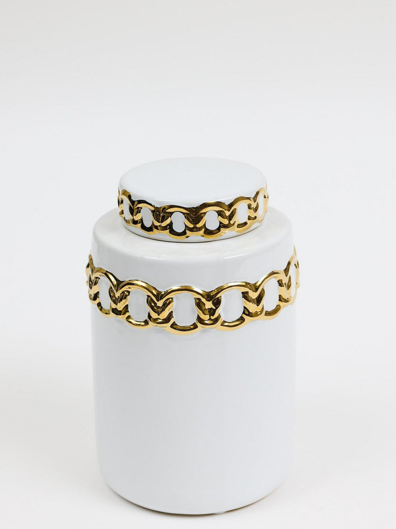 White Ceramic Lidded Jar with Stunning Gold Chain Details (3 Sizes)