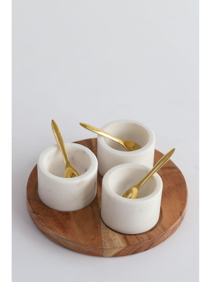 Set of 3 Marble Spice Bowls w/ Gold Spoons and Wood Base-Inspire Me! Home Decor