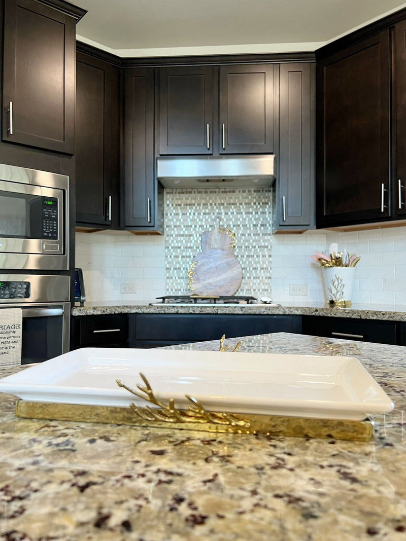 White Ceramic Tray with Gold Textured Design & Base " From Pops Of Color Home Collection"