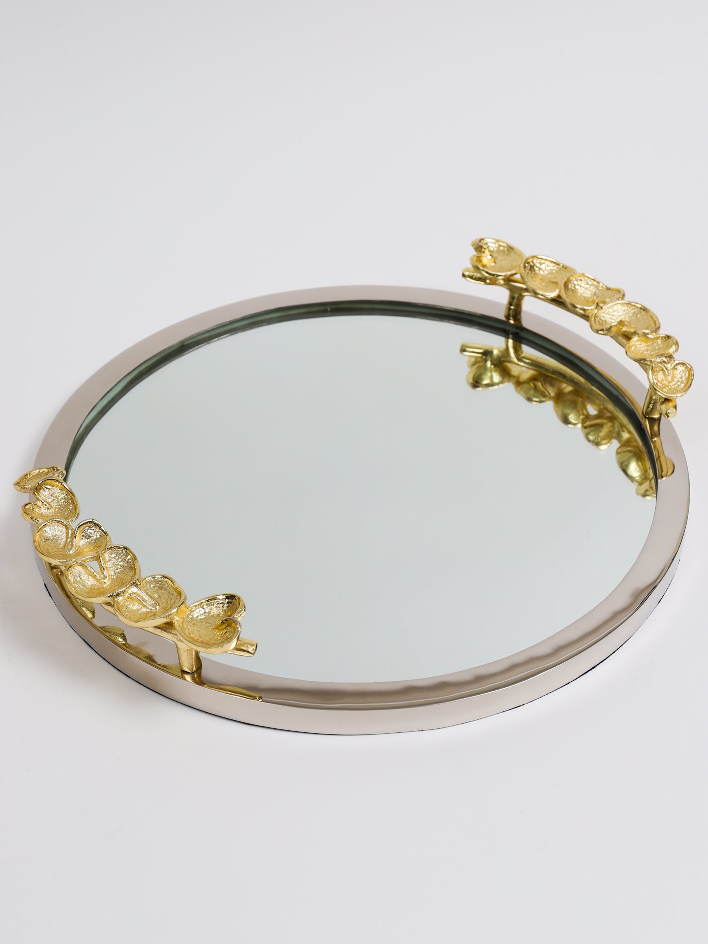 Decorative Mirror Tray with Gold Petal Handle Details (2 Sizes)