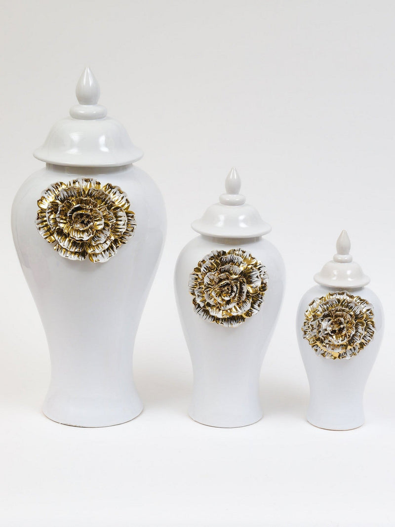 White Ginger Jar with Large Gold Flower Detail (3 Sizes)