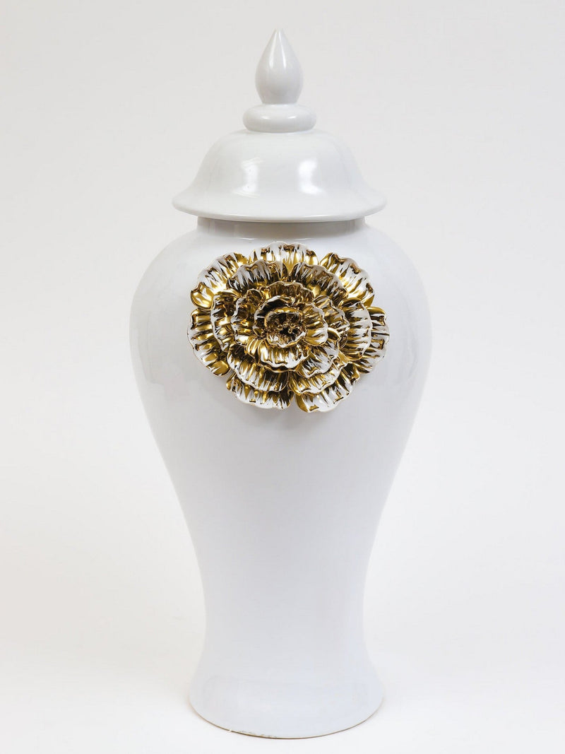 White Ginger Jar with Large Gold Flower Detail (3 Sizes)