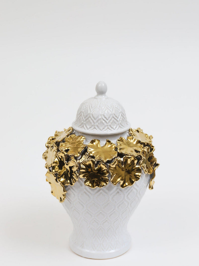 White Textured Ginger Jar with Gold Floral Design (3 Sizes)