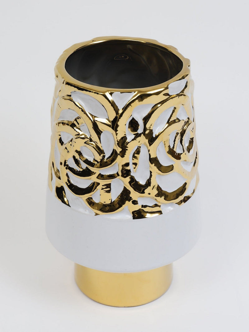 White Ceramic Vase with Gold Circle Design