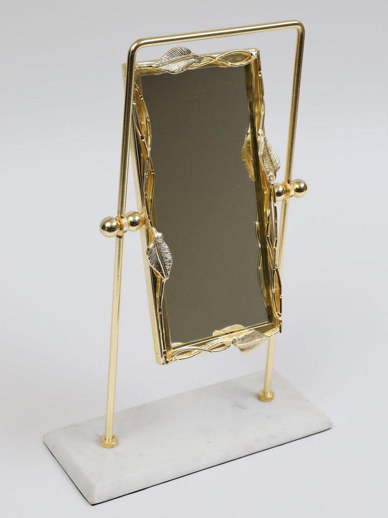 Gold Rectangle Table Mirror with Leaf Border Design and Marble Base