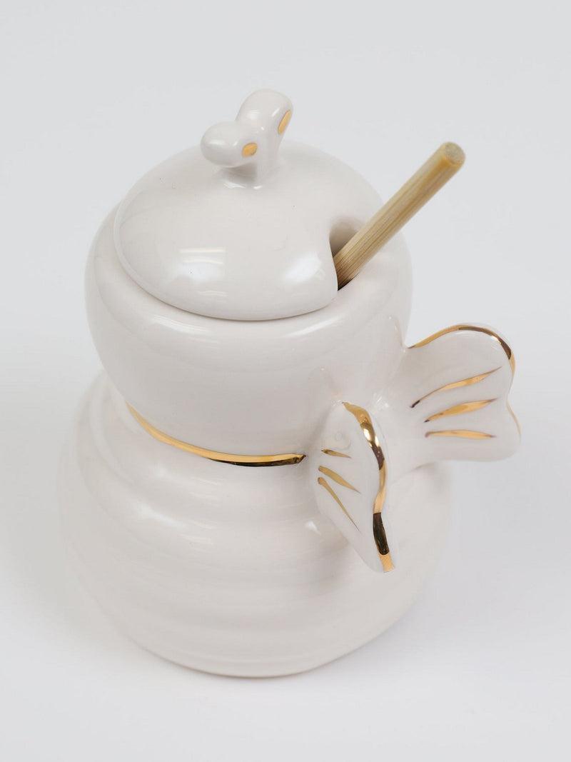 White Honey Bee Jar with Wood Dipper