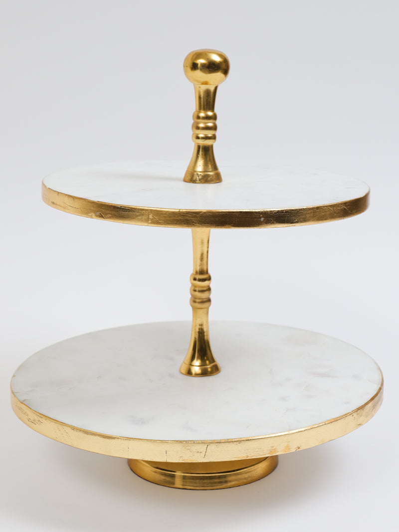 Round Marble Two Tiered Stand with Gold Detail