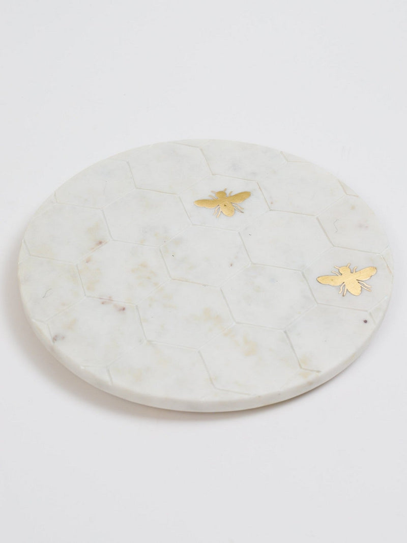 Round Marble Platter with Gold Bees
