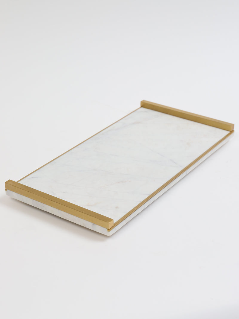 Rectangle Marble Tray with Gold Metal Handles and Gold Edge