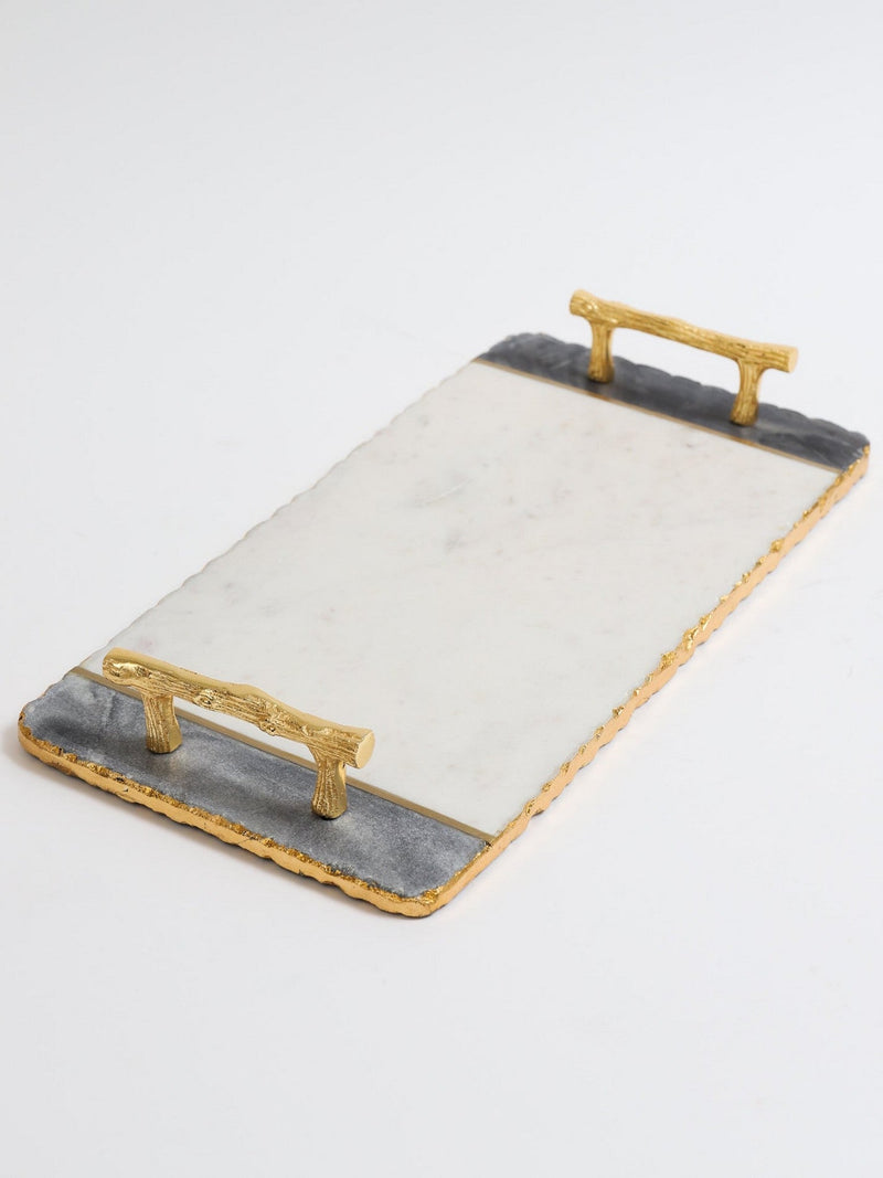 White & Black Rectangle Tray with Gold Handles & Edges