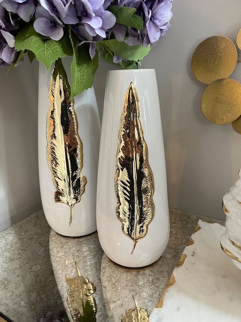 White Ceramic Vase with Gold Leaf Design (3 Sizes)