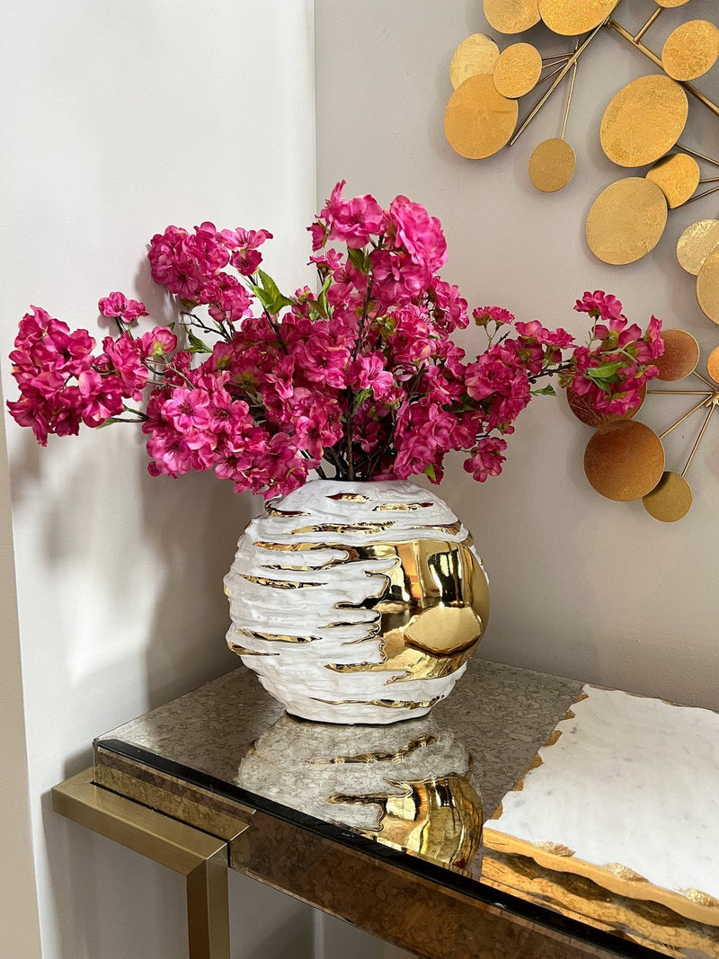 White and Gold Textured Ceramic Vase