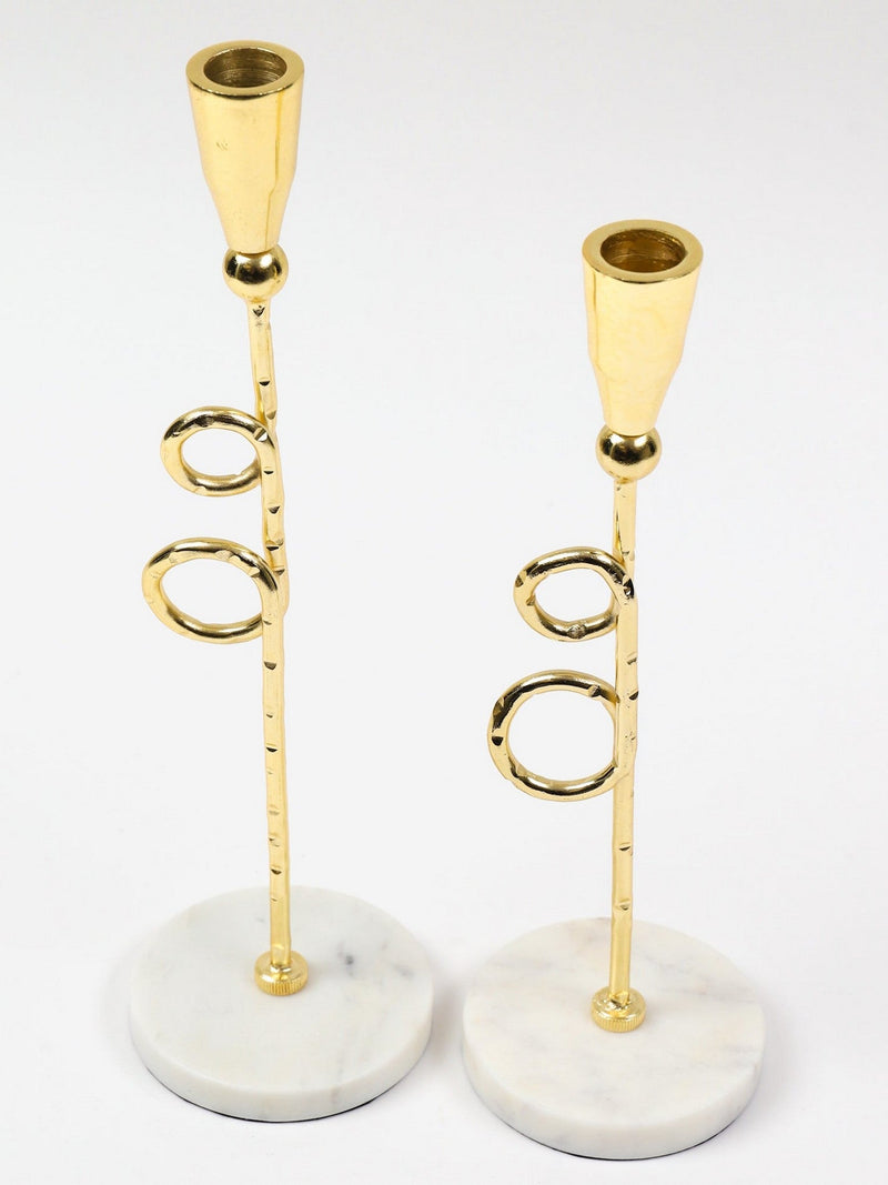 Set of 2 Gold Circles Design Candle Sticks with Marble Base