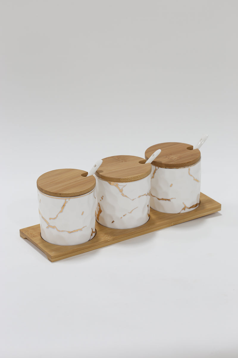 (Set of 3) Metallic Gold Marble Print Spice Jars with Spoons and Wooden Lid With Tray-Inspire Me! Home Decor
