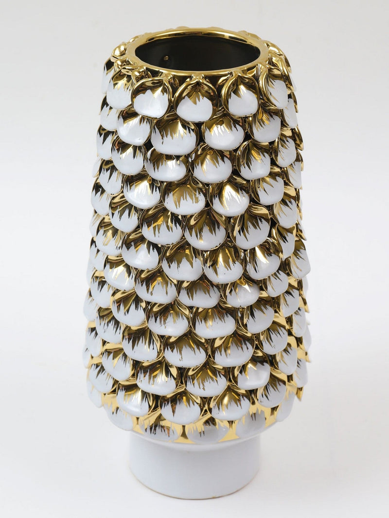 White Ceramic Vase with Gold & White Petal Design-Inspire Me! Home Decor