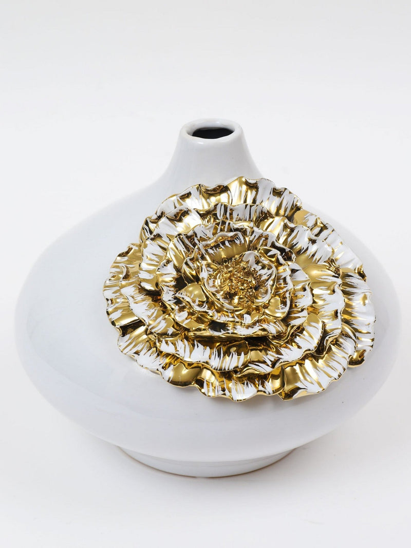 White Ceramic Vase with Gold Flower Design-Inspire Me! Home Decor