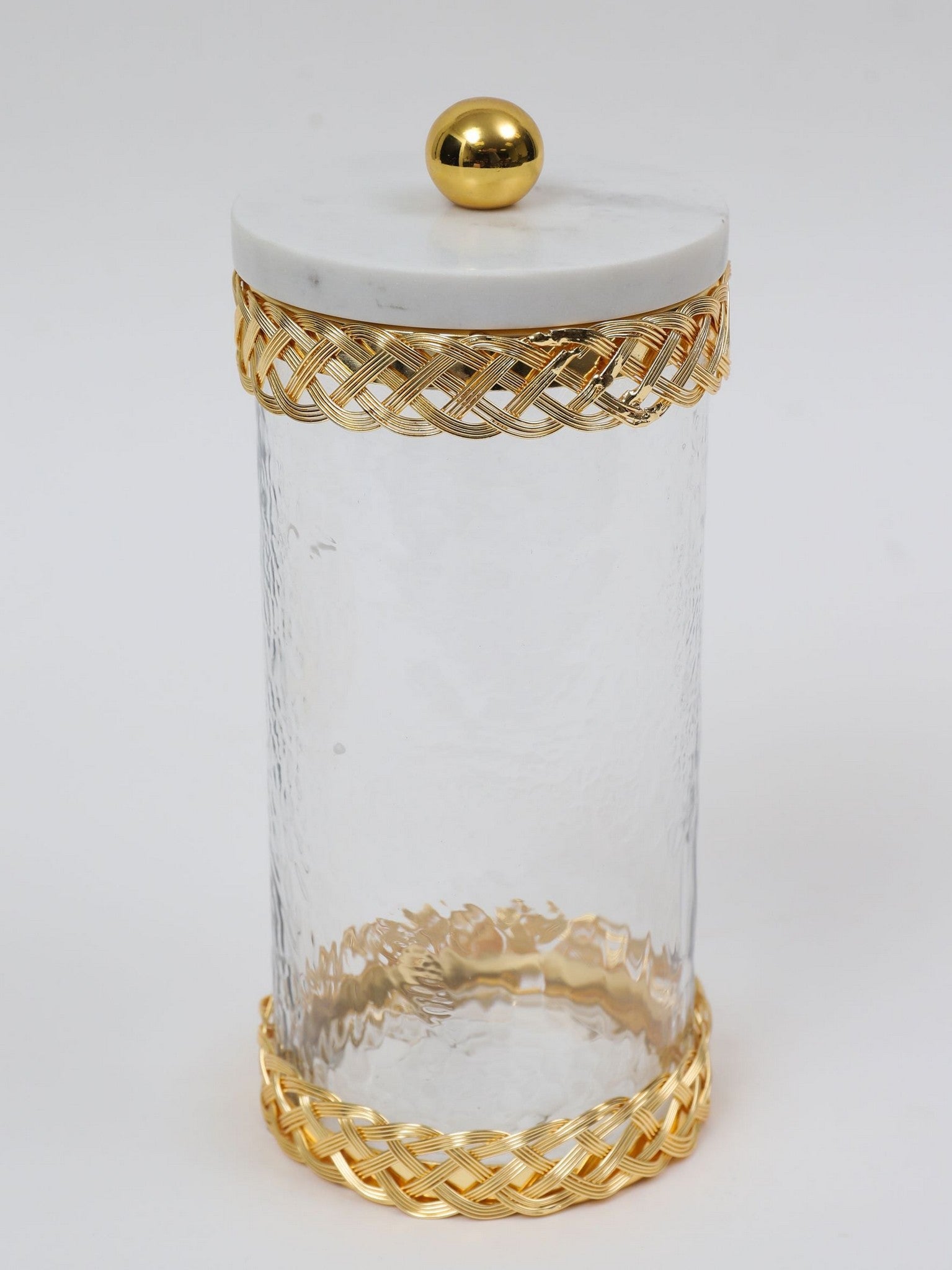 Glass Canister with Gold Lattice Design and Marble and Gold Lid (3 Sizes)-Inspire Me! Home Decor