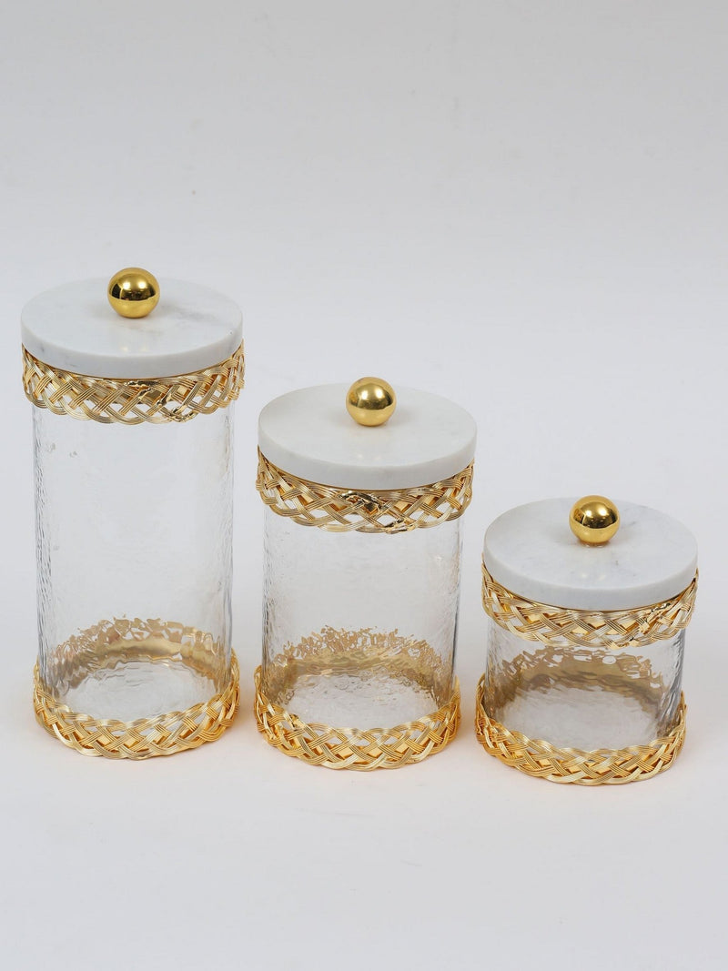 Glass Canister with Gold Lattice Design and Marble and Gold Lid (3 Sizes)-Inspire Me! Home Decor