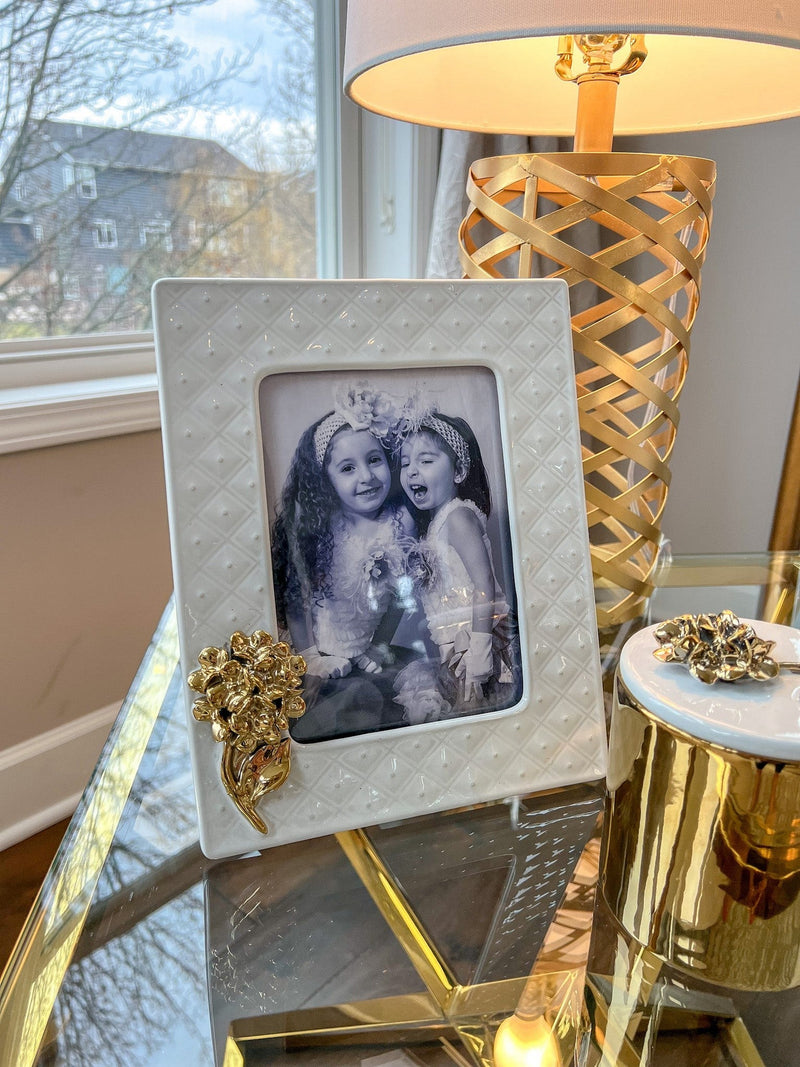 White Textured Picture Frame with Gold Floral Design