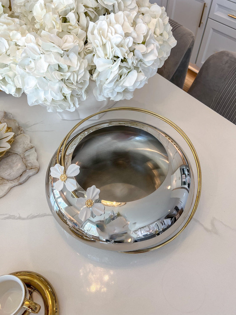 Large Silver Metal Round Bowl Vase from the White Jeweled Flower Collection