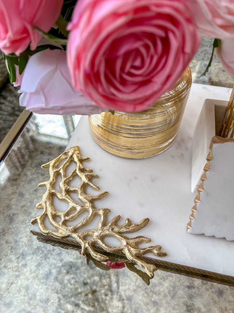 Rectangular Marble Tray with Metal Gold Branch Details