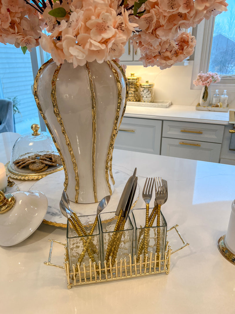 Gold & Glass Flatware Holder with Gold Linear Details