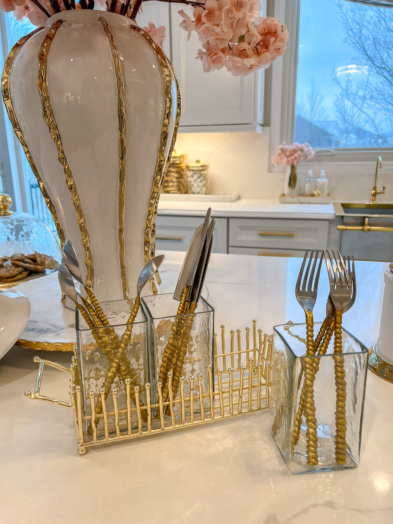 Gold & Glass Flatware Holder with Gold Linear Details
