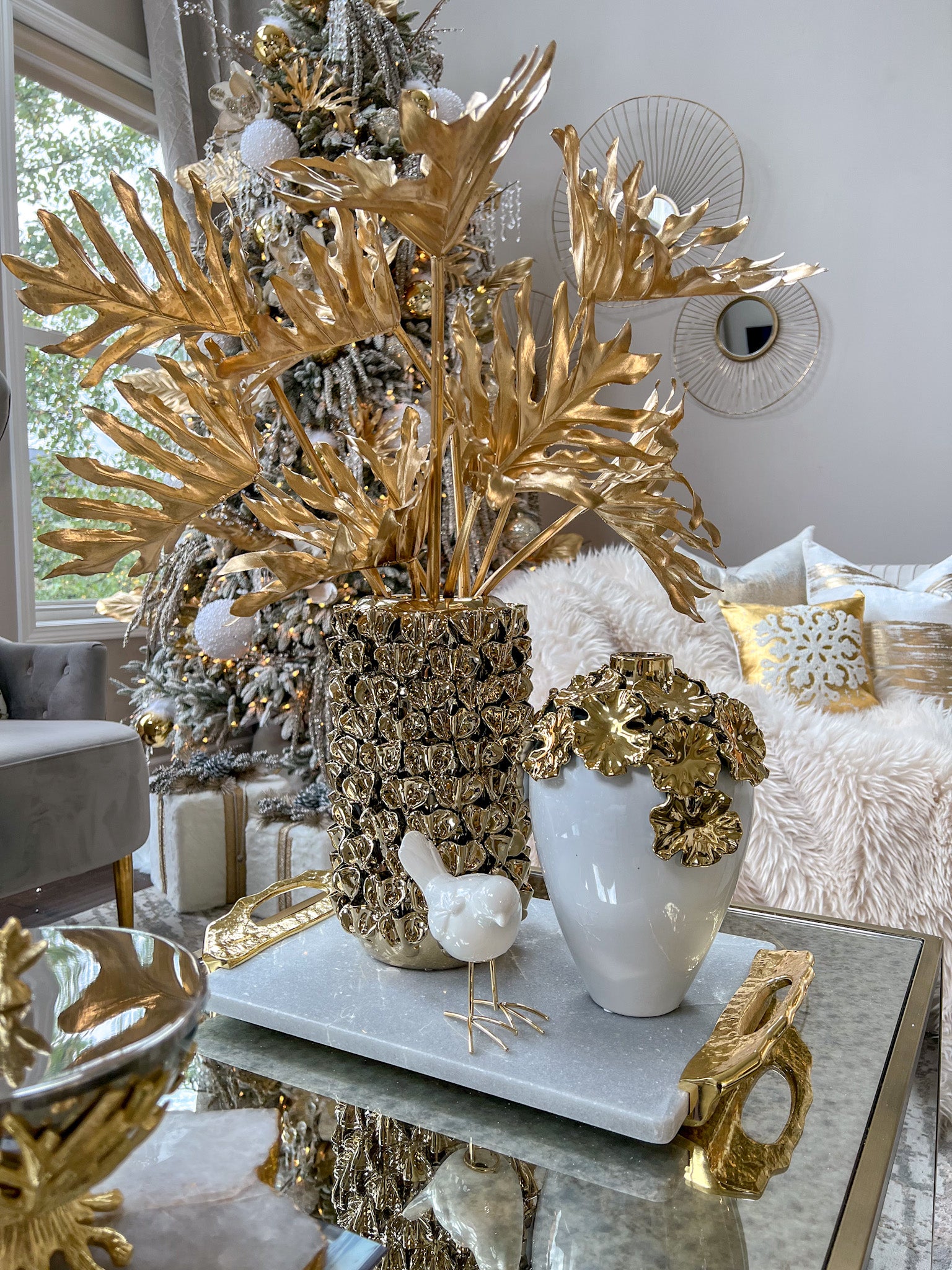 Gold Cascading Floral and White Vase-Inspire Me! Home Decor