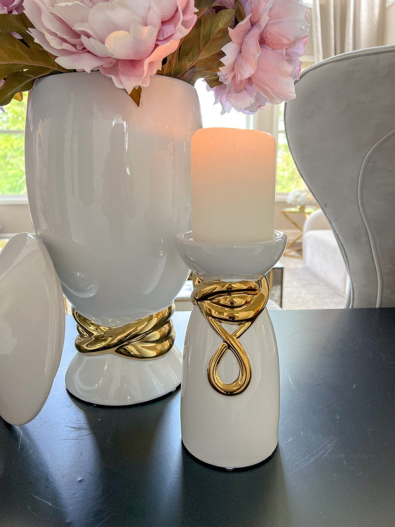 White Ceramic Jar with Elegant Gold Details (2 Sizes)