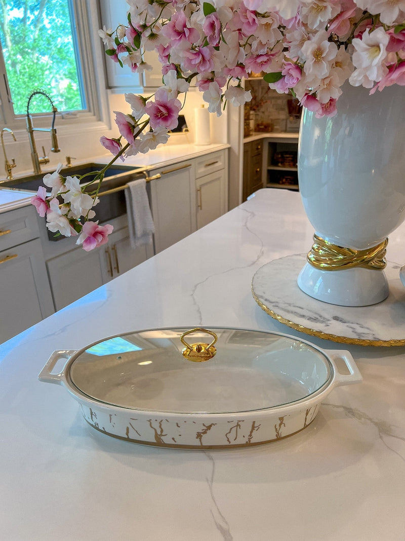 Oval Marble Print Platter with Glass Top & Gold Handle