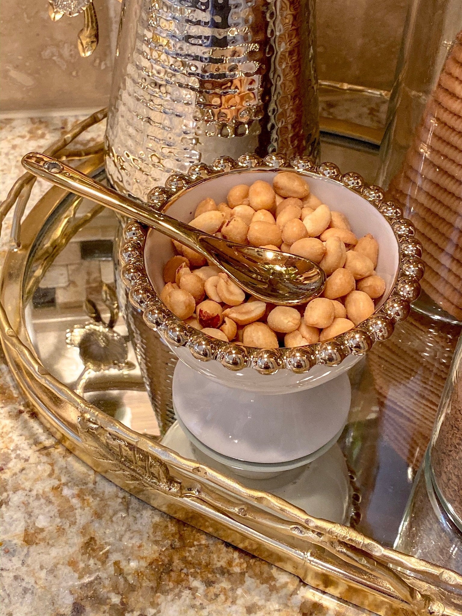 Gold Beaded Snack Bowl w/ Spoon-Inspire Me! Home Decor