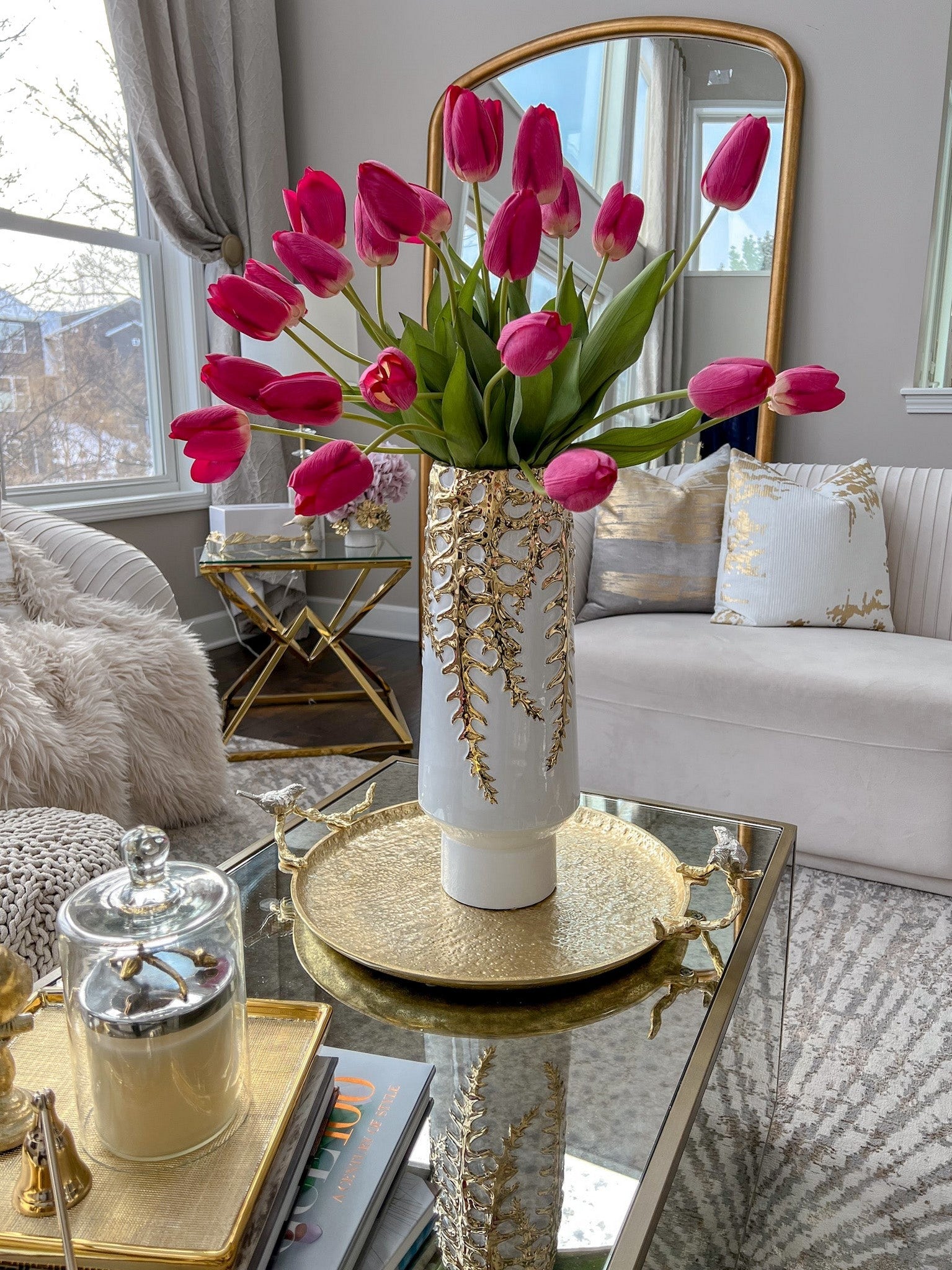 White Ceramic Vase with Gold Vine Design (3 Sizes)