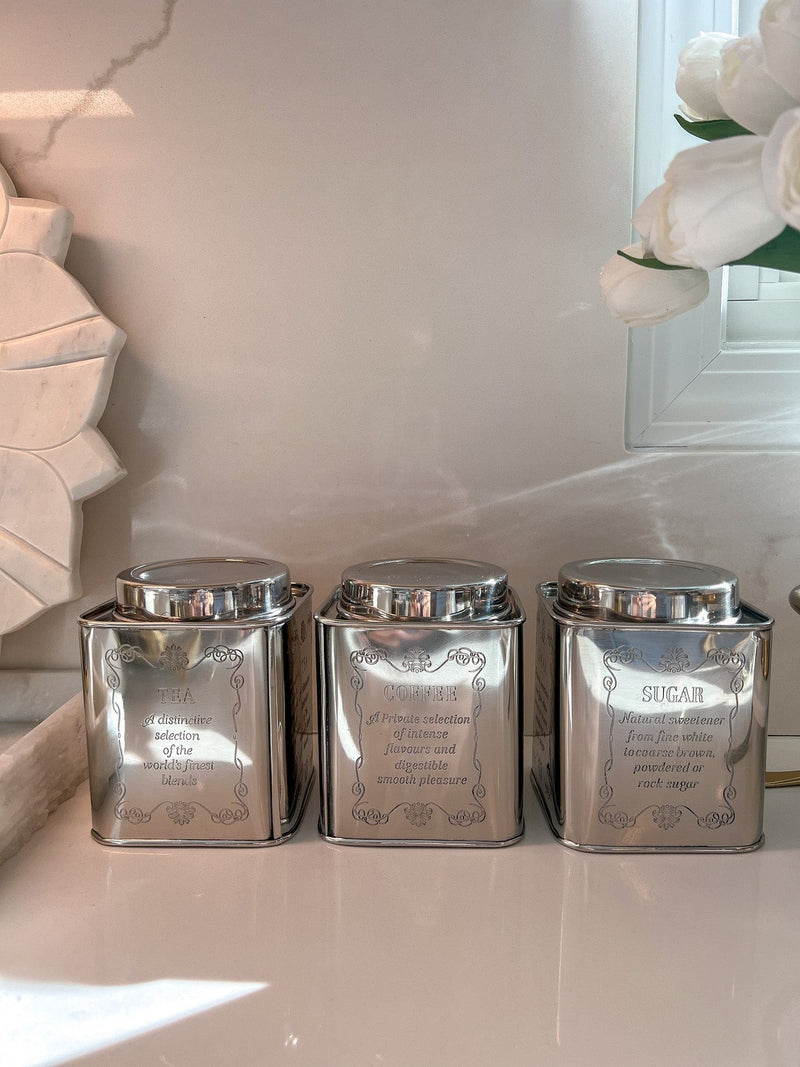 Set of 3 Silver Coffee, Tea & Sugar Canisters