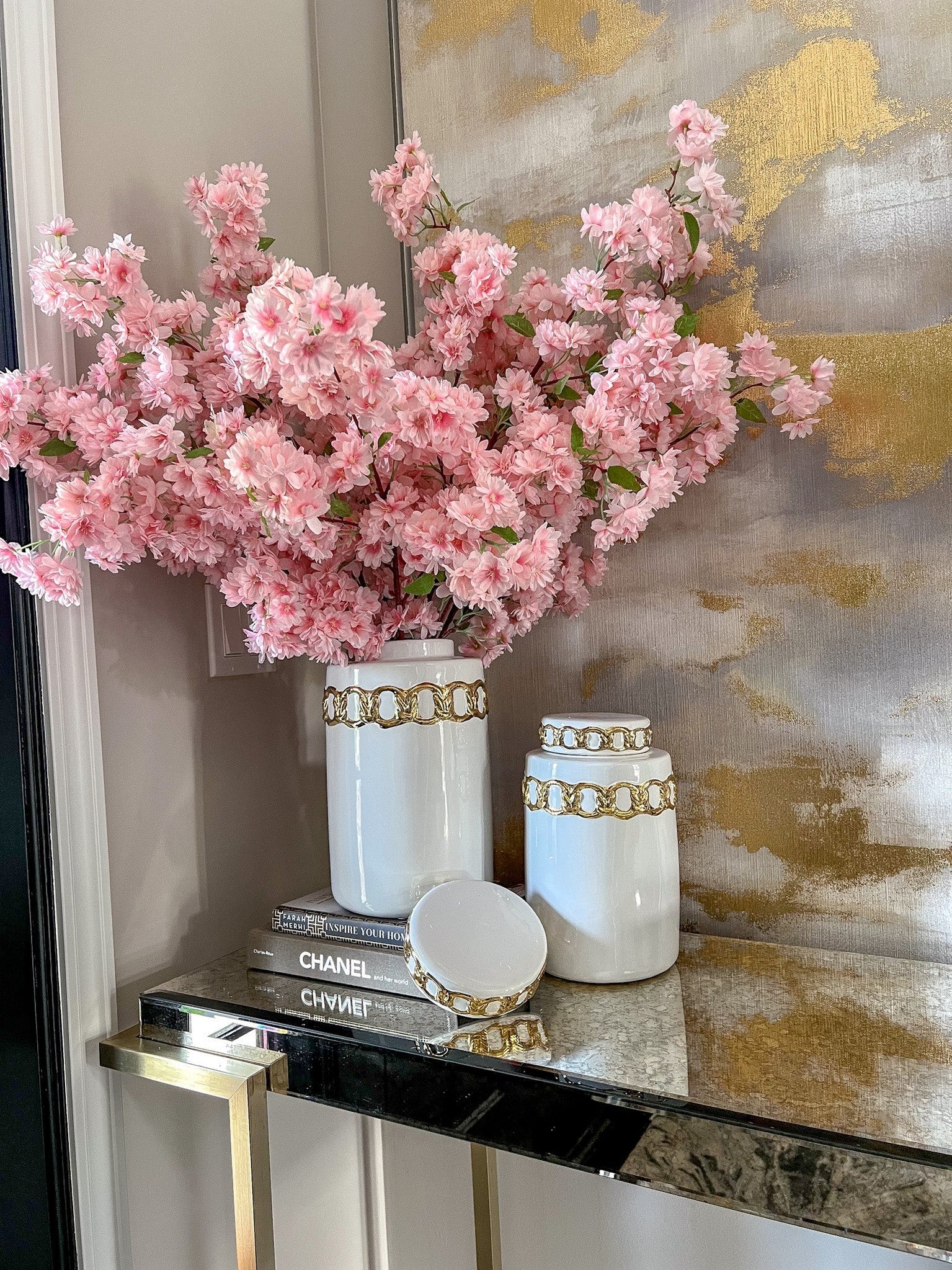 White Ceramic Lidded Jar with Stunning Gold Chain Details (3 Sizes)