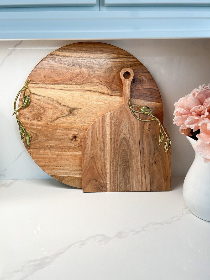 Large Wood Round Charcuterie Board Leaf Design Without Handle 18"-Inspire Me! Home Decor