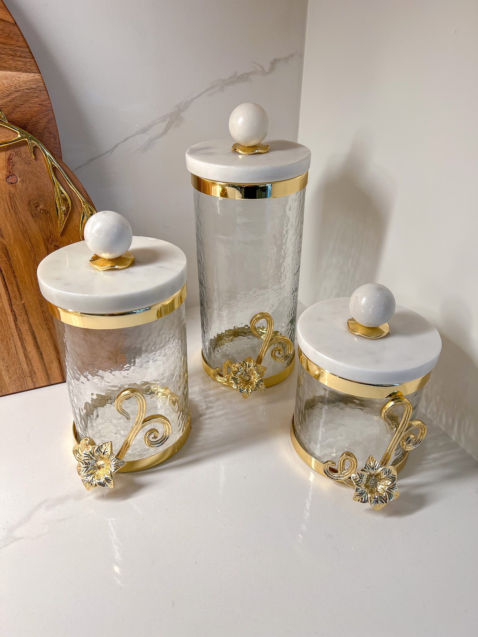 Glass Canister with Gold Detail and Marble Lid (3 Sizes)-Inspire Me! Home Decor