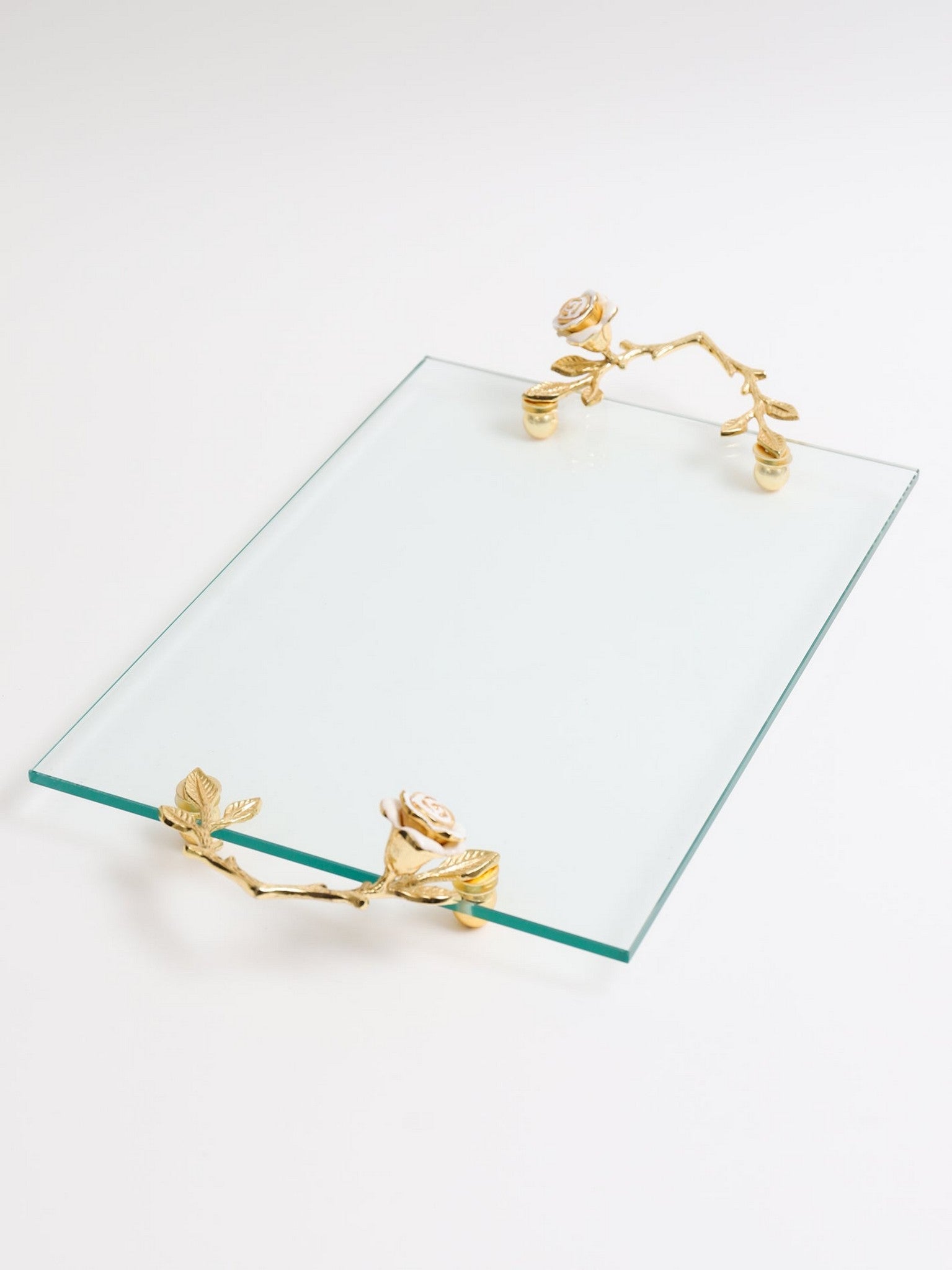 Large Glass Rectangular Tray with Intricately Detailed Gold Handles with White & Gold Rose Details