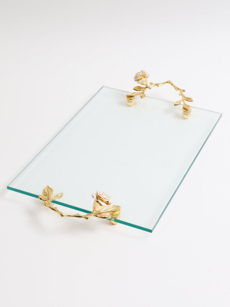Large Glass Rectangular Tray with Intricately Detailed Gold Handles with White & Gold Rose Details