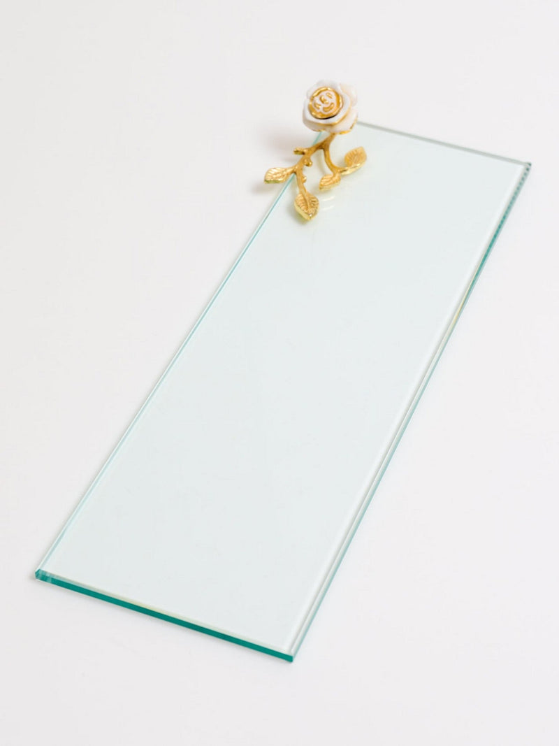 Glass Rectangular Tray with Intricately Detailed Gold Handles with White & Gold Rose Details