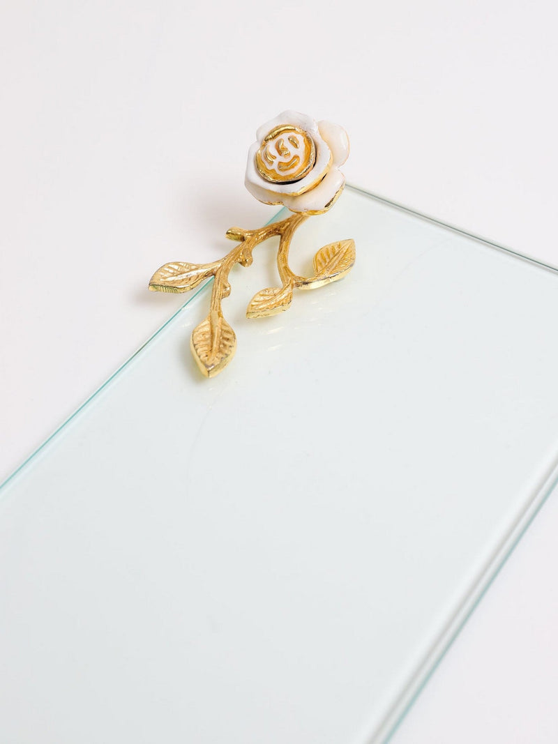 Glass Rectangular Tray with Intricately Detailed Gold Handles with White & Gold Rose Details