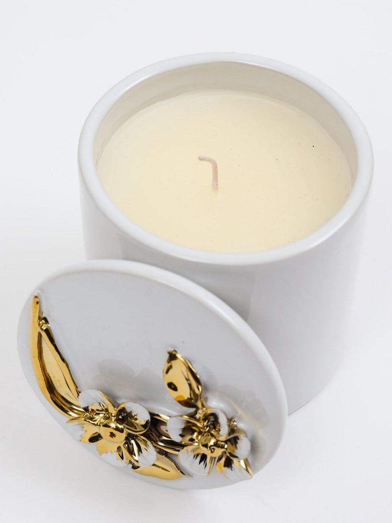 White Candle with Gold & White Floral Design'