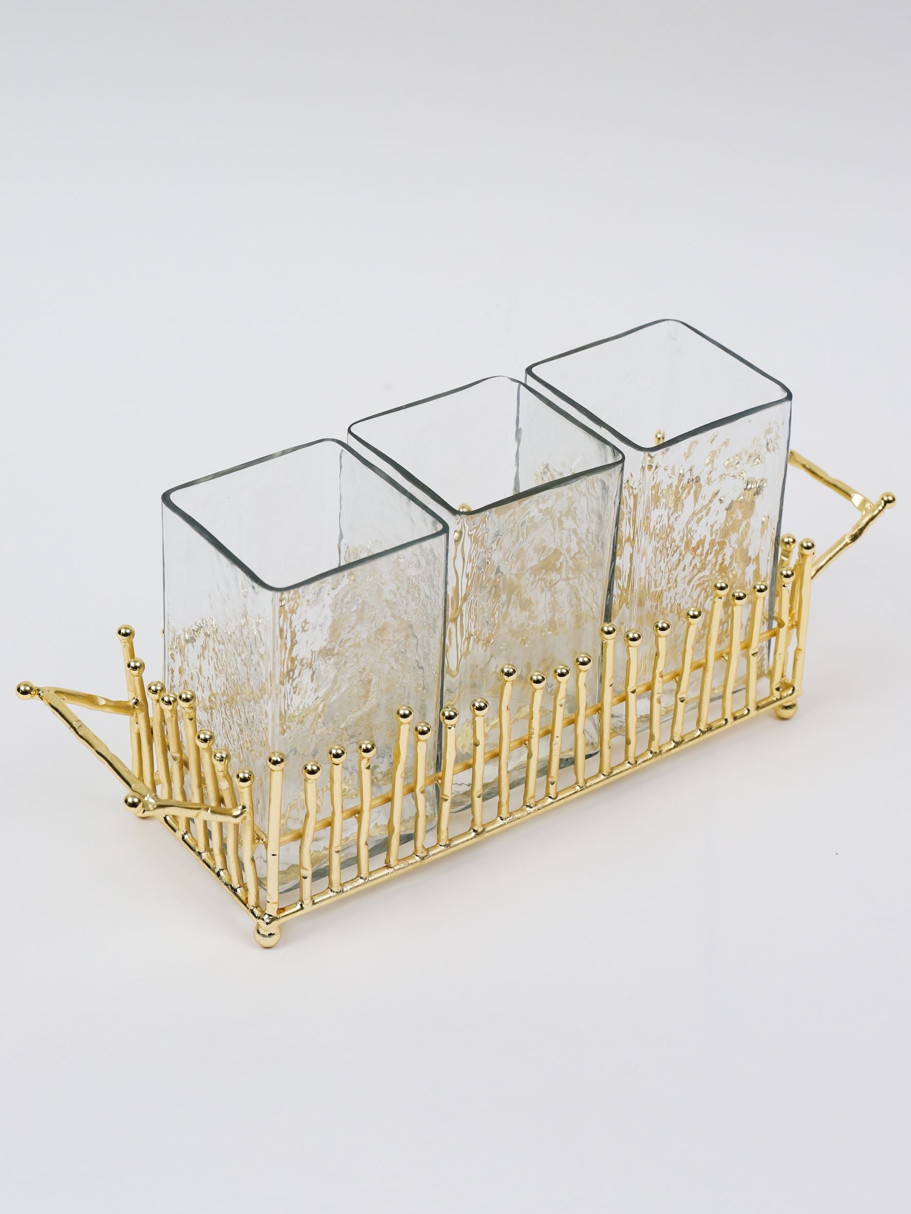 Gold & Glass Flatware Holder with Gold Linear Details